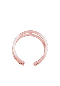 Bracciale a cuff in oro rosa con design aperto, caratterizzato da linee eleganti e una finitura lucida. Stile minimalista, senza motivi o accessori visibili.