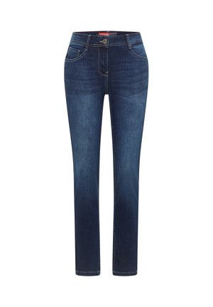 Jeans de mezclilla azul oscuro con corte recto, que cuentan con cinco bolsillos, cierre frontal de botón y un sutil desgaste en los muslos.