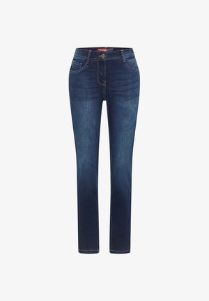Jeans in denim blu scuro con taglio dritto, dotati di cinque tasche, chiusura frontale con bottone e leggera scoloritura sulle cosce.