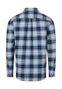 Męska koszula z długim rękawem w niebiesko-szaro-białą kratę. Posiada klasyczny kołnierzyk i mankiety na guziki. Miękka, tkaninowa tekstura.