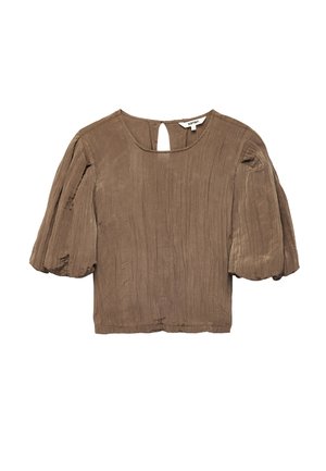 Bruine korte blouse met opgeblazen ellebooglange mouwen en een sierlijk sleutelgatdetail aan de achterkant van de hals, gemaakt van gestructureerde stof.