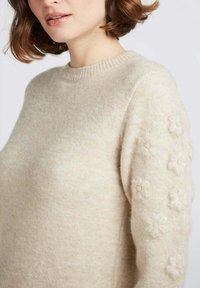 Pull en tricot beige avec un col rond et des accents floraux texturés sur les manches. Tissu doux et confortable avec un subtil mélange.