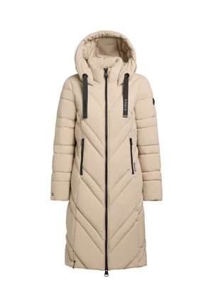 Beige pufferjack met capuchon, voorzien van een chevronpatroon, een rits aan de voorkant en twee zijzakken met ritsen. Textiel met een structuur en contrasterende banden.