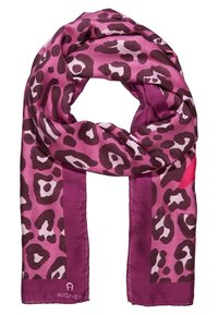 Foulard imprimé léopard rose en tissu lisse. Il présente un motif audacieux avec des accents marron foncé et blanc, bordé d'une section rose uni.