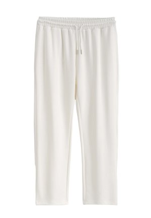 Pantalon avec taille élastique blanche et cordon de serrage, coupe droite, tissu lisse, présenté de face sur un fond blanc.