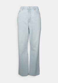 Jeans de cintura alta em denim azul claro, com pernas retas e um clássico design de cinco bolsos, apresentando costura visível. Textura suave, sem padrões.