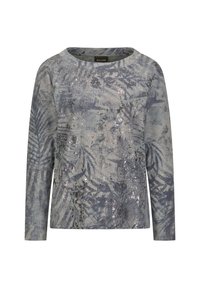 Lange mouwtop in een blauw en grijs bloemmotief met subtiele pailletten. Heeft een ronde halslijn en een losse pasvorm. Zachte stoftextuur.