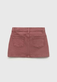 Denim mini hame in a vaime roosa värv. Omab litse vööd, kahte tagumist taskut ja nähtavaid õmblusi. Sujuv tekstuur.