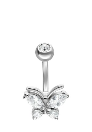 Silberner Bauchnabelring mit klarem Kristallschmetterlingsdesign und einem runden Edelstein auf dem oberen Kugelverschluss.