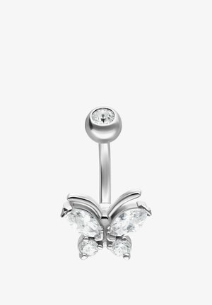 Silberner Bauchnabelring mit klarem Kristallschmetterlingsdesign und einem runden Edelstein auf dem oberen Kugelverschluss.