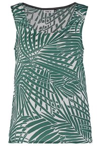 Top senza maniche verde con stampa di foglie tropicali su sfondo bianco, realizzato in tessuto leggero con una texture liscia.