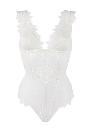 Weißer Spitzen-Body mit Blumenmustern, tiefem V-Ausschnitt, gerüschten Schulterträgern und strukturierten Nähten für eine taillierte Silhouette.