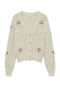 Dzianinowy kremowy kardigan z dekoltem w kształcie litery V, z wzorzystymi oczkami, pięcioma drewnianymi guzikami i haftem w kwiaty w odcieniach różu i czerni.