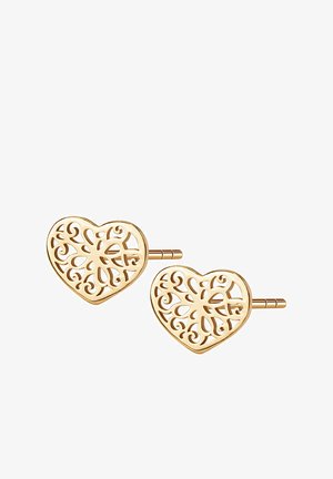 Złote kolczyki w kształcie serca z misternym wzorem filigranowym i gładkim wykończeniem. Zamocowane na szpilkach zapewniających pewne noszenie.