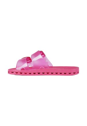 Sandalo slide traslucido rosa con due ampie fasce e suola ventilata mostrato di lato su sfondo bianco.