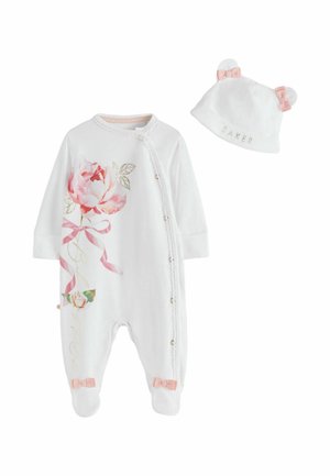 White baby onesie with pink floral print and bows, paired with a white hat featuring ears and pink bows.