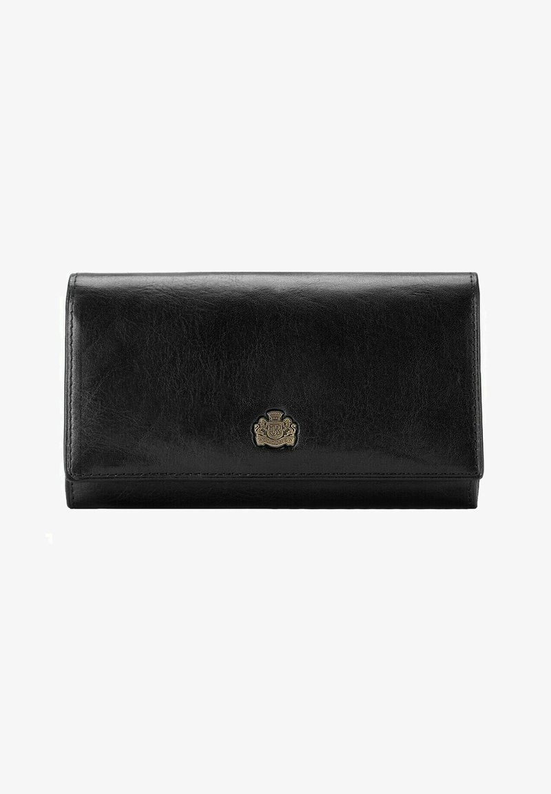 Zwarte leren portemonnee met een gladde textuur, voorzien van een metalen logo-embleem. Het heeft een rechthoekige vorm en een klepsluiting.
