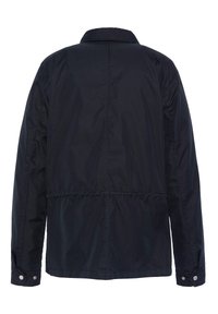 Marineblaue, leichte Jacke mit Kragen, elastischem Bund, Druckknopfmanschetten und glatter Textur. Rückansicht, die Nähte und Design zeigt.
