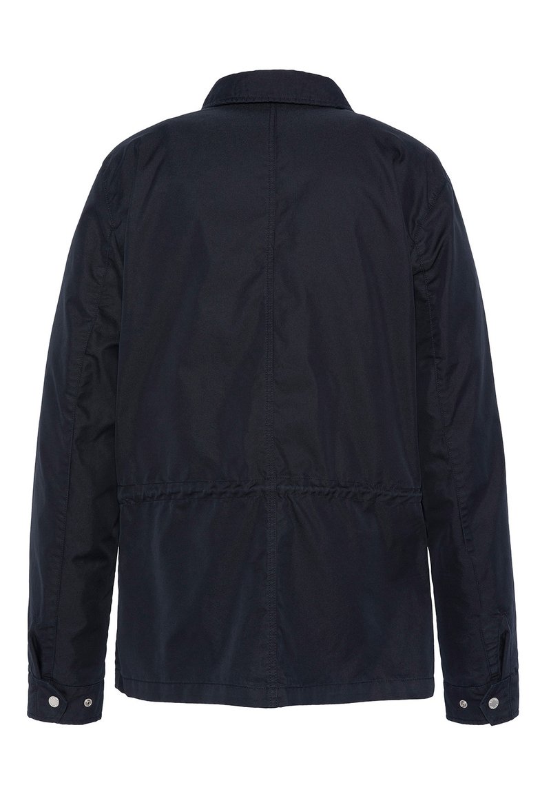Veste légère bleu marine avec col, taille élastique, poignets à boutons-pression et texture lisse. Vue arrière montrant les coutures et le design.