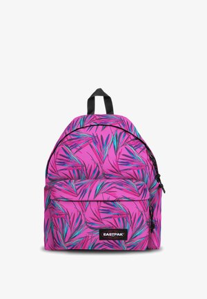 Zaino rosa con un motivo di foglie tropicali, dotato di una tasca frontale, cerniere nere e un manico superiore per il trasporto.