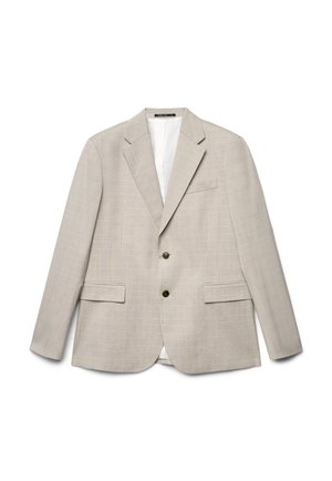 Veste pour homme beige clair à carreaux avec revers crantés, deux boutons à l'avant, poches à rabat, et poche poitrine, posée à plat sur un fond blanc.