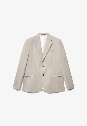 Veste pour homme beige clair à carreaux avec revers crantés, deux boutons à l'avant, poches à rabat, et poche poitrine, posée à plat sur un fond blanc.