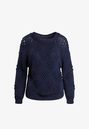 Sötétkék kötött pulóver texturált gömbmintázattal, kerek nyakkivágással és hosszú ujjakkal. A bordázott mandzsetta és szegély szoros illeszkedést biztosít.