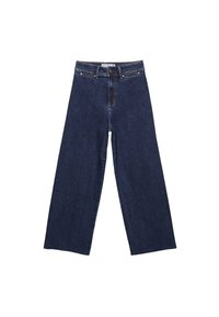 Dark wash denim wide-leg jeans with a high waist, featuring a button closure and classic five-pocket design. Smooth texture, no additional patterns.