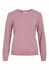 Rosa stickad tröja med långa ärmar, rund halsringning, ribbad nederkant och muddar. Mjuk textur och enfärgad utan mönster eller dekorationer.