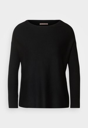 Svart strikkegenser med rund hals, lange ermer med ribbeformede detaljer og løs passform. Glatt tekstur med et enkelt design.