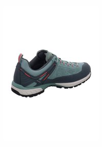 Lightweight hiking shoe in teal and navy, featuring a textured upper, red accents, a cushioned sole, and a secure lace system.