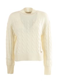 Maglione beige a trecce con colletto, polsini e orlo a coste. Presenta un motivo testurizzato di trecce attorcigliate e un piccolo logo decorativo.