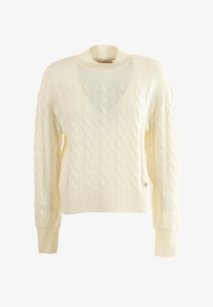 Pulover cremos cu model tricotat în cablu, cu guler, manșete și tiv cu durete. Prezintă un model texturat de cabluri răsucite și un accent mic cu logo.
