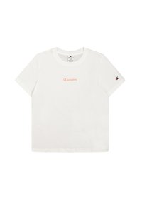 Weißes Baumwoll-T-Shirt mit kurzen Ärmeln, das ein kleines orangefarbenes "Champion"-Logo auf der Brust und ein schwarzes Logo-Detail am Ärmel aufweist.
