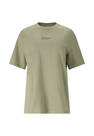 Lyse olivengrøn kortærmet T-shirt med rund hals og lille centreret "Whistler"-logo i mørkegrøn på brystet.