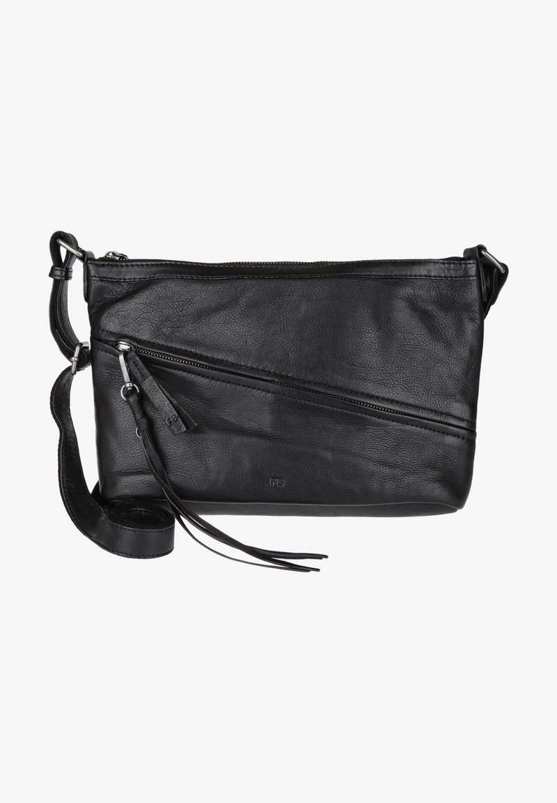 Czarna skórzana torba na ramię z regulowanym paskiem, skośną kieszenią na zamek oraz frędzlem przy zamku na jednolitym białym tle.