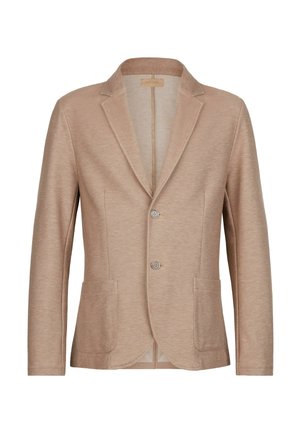 Beige strukturerad blazer med snedskurna laplar, två framfickor och två knappar. Mjuk tyg med slim fit och slät foder.