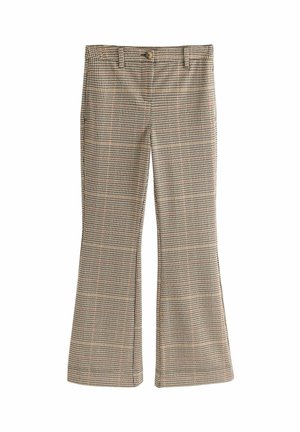 Bruine geruite broek met wijde pijpen, voorzien van een decoratieve knoop, tailleband, zakken en een gevarieerde stof met een ruitpatroon.