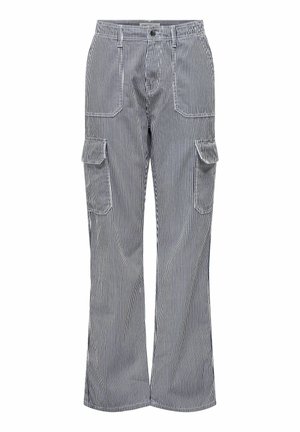 Cargo-Hosen aus Baumwollmischung mit vertikalen blauen und weißen Streifen. Verfügt über zwei Fronttaschen und zwei seitliche Cargo-Taschen. Lockere Passform.