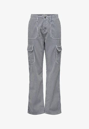 Cargo-Hosen aus Baumwollmischung mit vertikalen blauen und weißen Streifen. Verfügt über zwei Fronttaschen und zwei seitliche Cargo-Taschen. Lockere Passform.