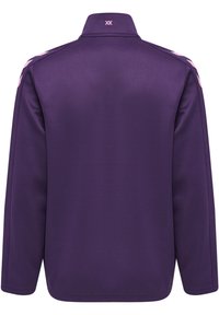 Paarse lange mouwen jas met een hoge kraag, gestructureerde stof en roze accenten op de schouders, gladde afwerking zonder zakken.