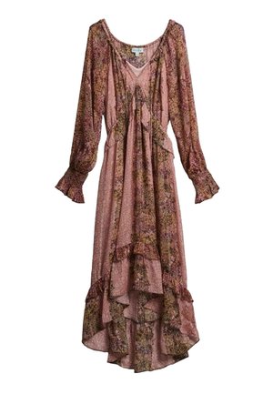 Long-sleeve pink and brown floral dress with ruffled hem, V-neckline, and gathered cuffs, made from lightweight fabric.