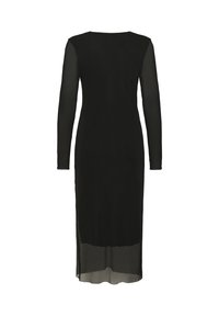 Black long-sleeve dress made of sheer fabric, featuring a straight cut, high neckline, and a split hem at the back.