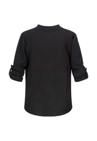 Schwarzes Langarmshirt mit weicher Textur, hochgekrempelten Ärmeln mit Knöpfen und abgerundetem Saum, ausgestattet mit einem einfachen Kragendesign.