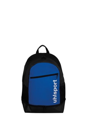 Sac à dos noir et bleu avec une poche avant zippée et le texte blanc "uhlsport" sur la partie bleue, doté d'une poignée supérieure et d'une poche latérale en filet.