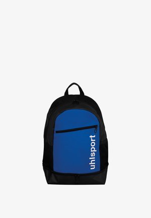Zwart-blauwe rugzak met een voorvak met ritssluiting en witte tekst "uhlsport" op het blauwe gedeelte, voorzien van een bovenhandvat en een zijvak van gaas.