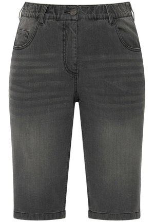 Shorts in denim grigio scuro con chiusura a bottone, design a cinque tasche e una texture leggermente sbiadita, che terminano appena sopra il ginocchio.