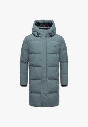 Parka imbottita in verde teal spento, con cappuccio, zip frontale e cordini regolabili. Include dettagli neri e un logo sul petto.