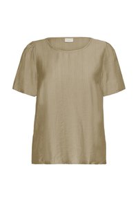 T-shirt à manches courtes en tissu doux et texturé, avec une légère brillance. La couleur est un kaki atténué, avec un col rond et une coupe décontractée.