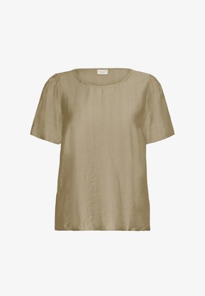 Rövid ujjú felső puha, textúrált anyagból, enyhén fényes kivitelezéssel. A színe tompa khaki, kerek nyakkivágással és laza szabással.